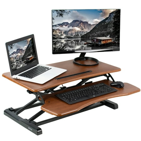 VIVO Wood Colored Height Adjustable Standing Desk Converter Sit to Stand Manual Riser | 32