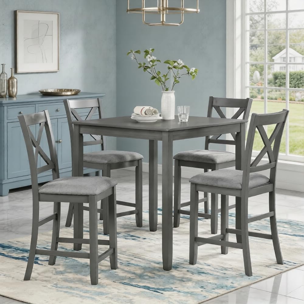 LJAN 5-Piece Solid Wood Table Set for 4 Farmhouse Counter Height Kitchen Dining Table Set with 4 Upholstered Chairs for Kitchen Dining Room Home Bar