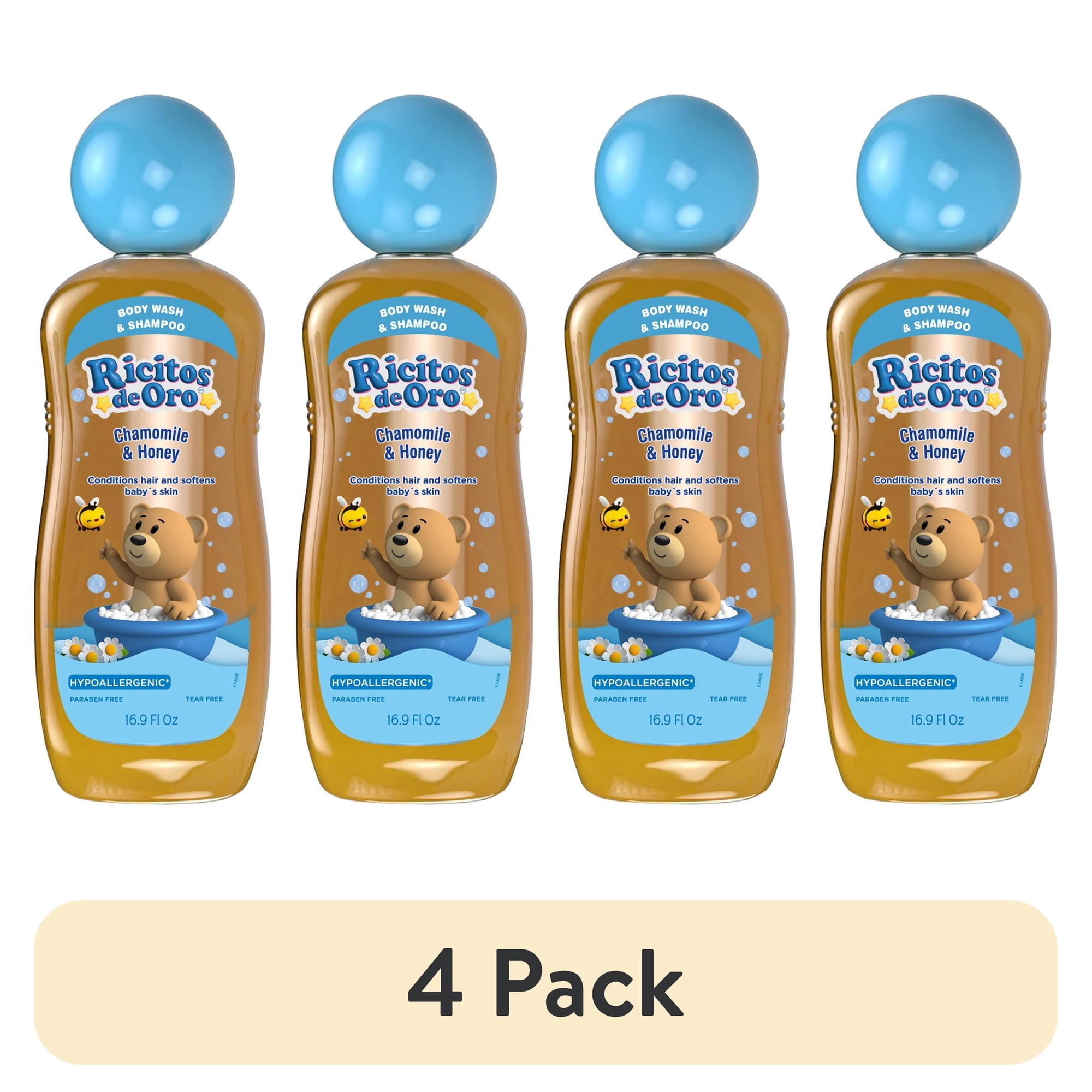 (4 pack) Ricitos de Oro 2-in-1 Baby Hair & Body Wash, Hypoallergenic Tear-Free, Chamomile & Honey, 16.9 fl oz