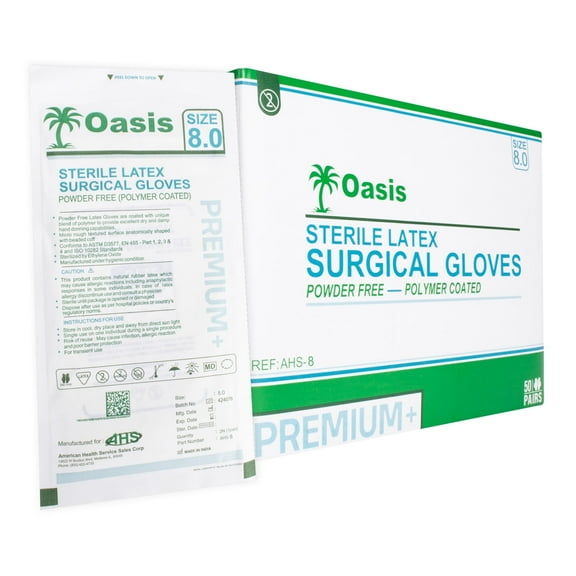 AHS Sterile Latex Surgeon/Surgical Gloves, Size 8, Powder-Free, 50 Pairs/Box
