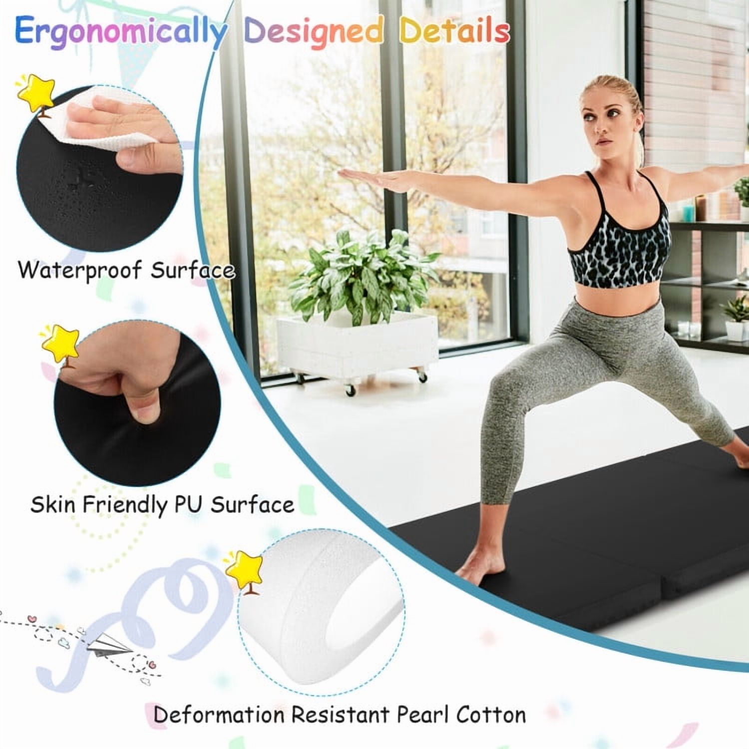 Resenkos Gymnastics Mat, Exercise Tumbling Mat,6 x 2 FT Tri-Fold Gym Mat with Handles and Removable Zippered Cover-Black