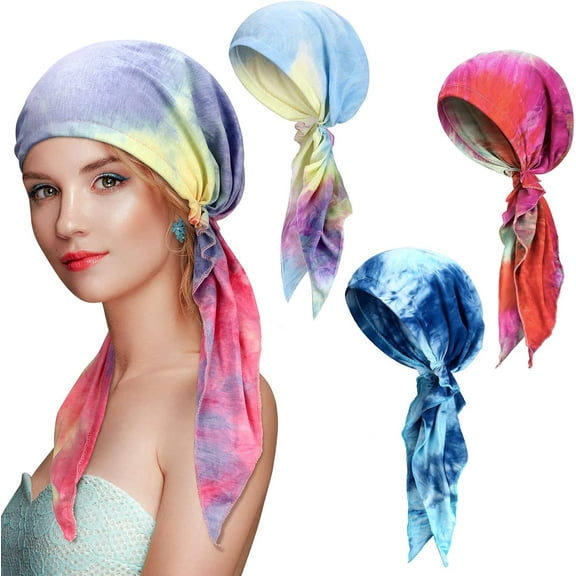 4 Pcs Women Head Scarf Pre Tied Chemo Caps Slip on Turban Headwear Cancer Head Wraps Beanie Hat Bandana