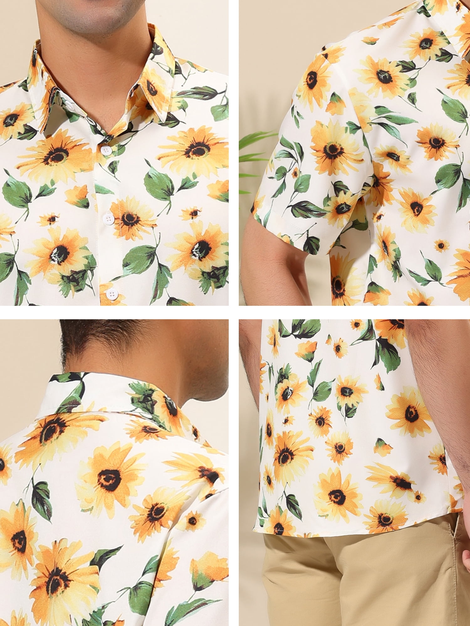 Unique Bargains Men's Summer Sunflower Printed Short Sleeve Button Down Shirt M White