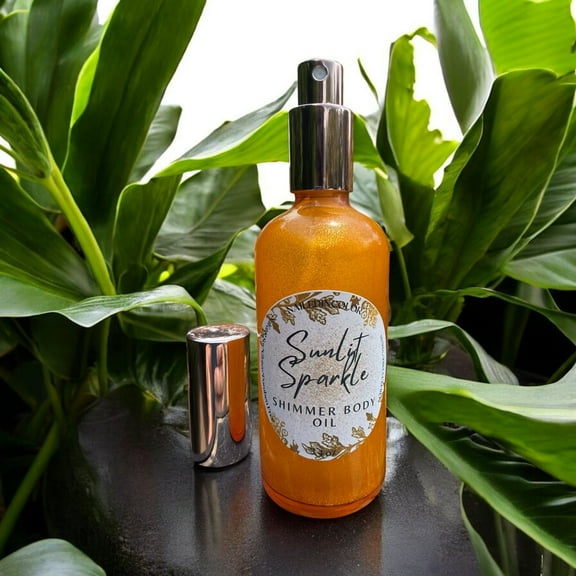 Sunlit Sparkle Body Mist Shimmer Oil by NailedInColor, Women, Teens 3.4 Fl oz Pink Glass Bottle Holding a Beautiful Sunny Yellow Shimmer Body Oil