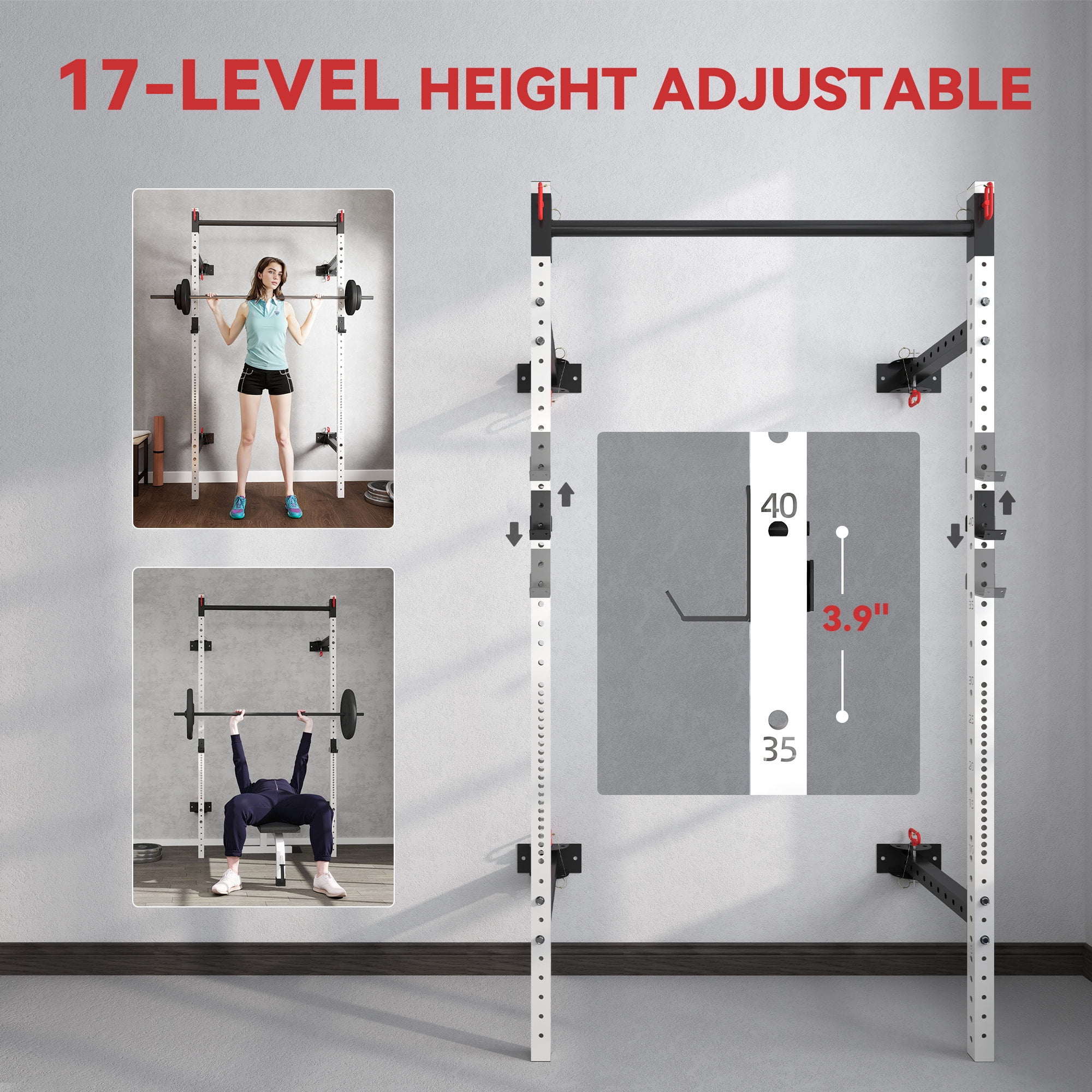 Soozier Folding Squat Rack with Pull Up Bar, Wall Mounted, 1000 Pounds Capacity Power Rack, White