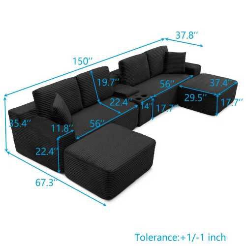 150" Oversized L-Shape Sectional Sofa with Deep Seat, Cup Holders & USB Ports, Corduroy Cloud Couch with Hidden Storage, Black