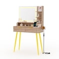thumbnail image 3 of 31 in Small Fluted Makeup Vanity Desk, Mid Century Modern Vanity Table with Mirror and Lights, Dressing Table with Storage Cabinet & 2 Drawers & 3 Color Modes for Bedroom Women Girls, Oak Color, 3 of 9