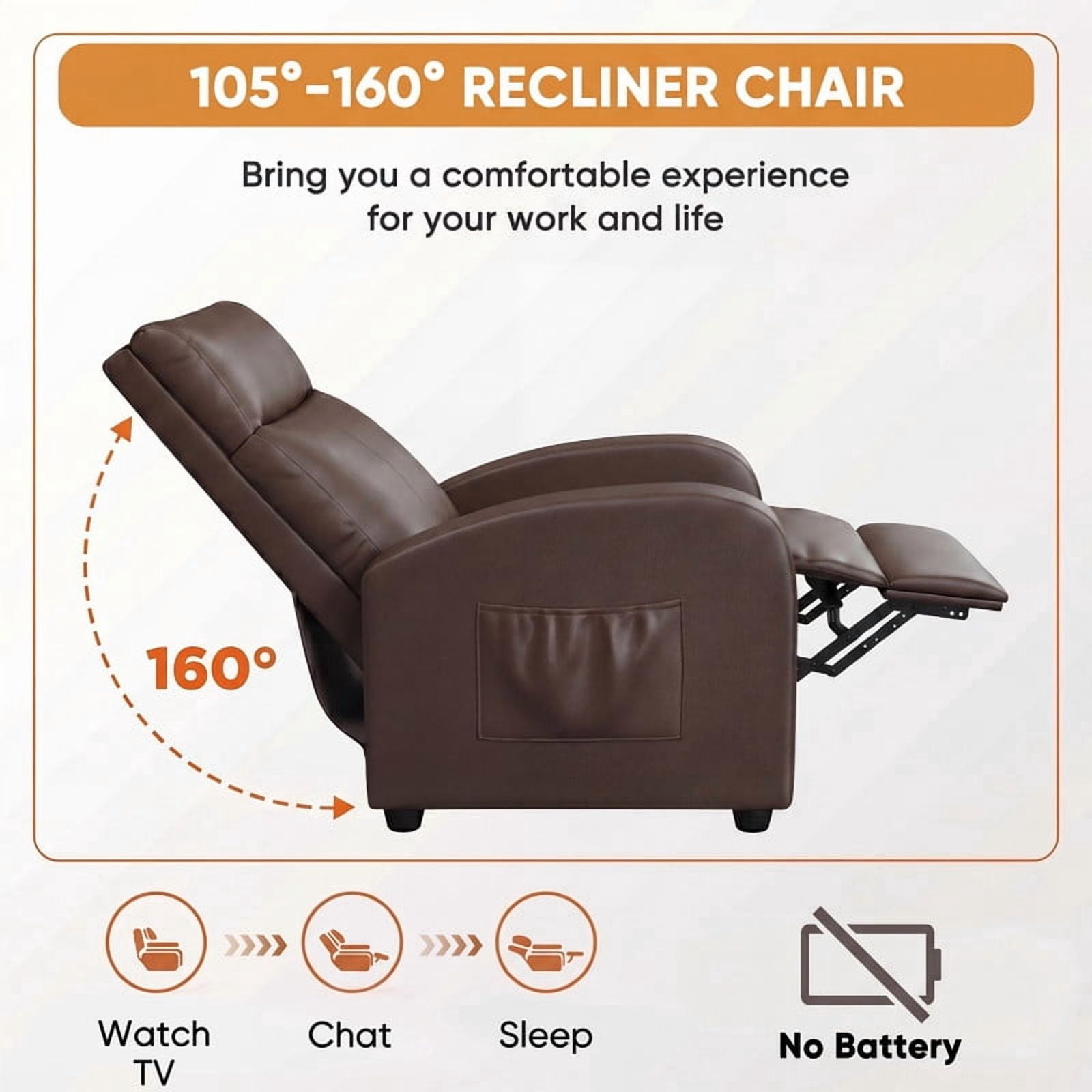 Vineego Massage Recliner Chair Small Places Single Sofa Adjustable Home Theater Seating with Side Pockets for Living Room,PU Brown