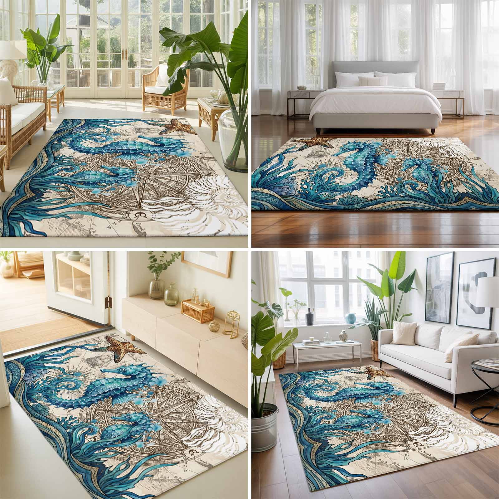 Area Rugs 2.7'x5', Nautical Coastal Carpet Runner Indoor Outdoor Rugs Home Decor Aesthetic, Retro Marine Life Seahorse Compass Map Beige Non Slip Mats Washable Accent Rug for Living Room Bedroom