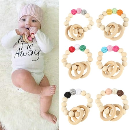 Ejoyous Handmade Natural Wooden Baby Teether Bracelet Beads Teething Ring Toy Gift, Wooden Teeth Biting Toy