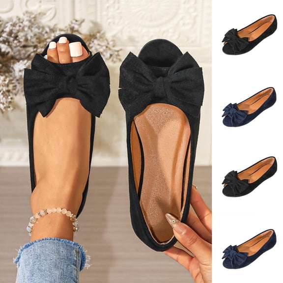 Women Shoes for Women Casual Dress Slip On Loafers for Women Peep Open Toe Bow Decor Comfortable Flat Shoes Wide Width Friendly Suede Soft Sole Walking Womens Flats Daily Wear Women Flat Shoes
