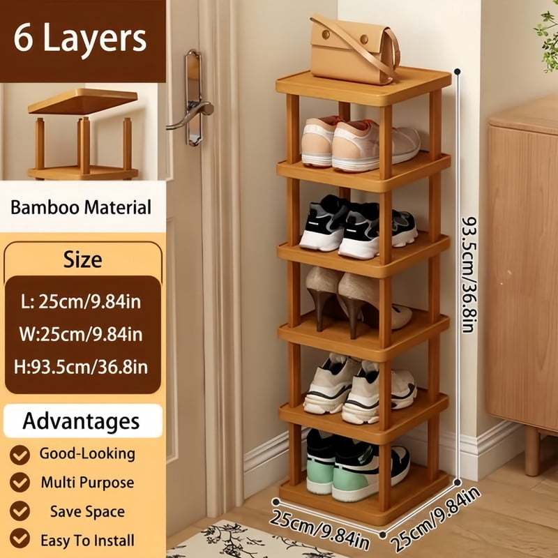 Howcool 6-Tier Stacked Shoe Rack Unit, Bamboo Square Shoes Organizer, Freestanding Storage Shelf