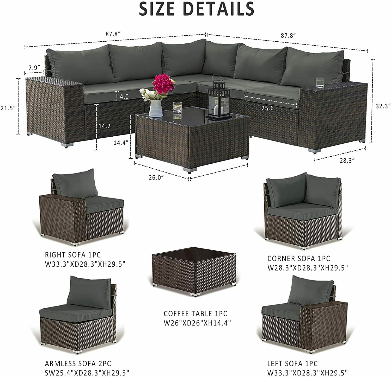 Gotland Outdoor Patio Furniture Set 6 Piece Sectional Rattan Sofa Set Rattan Wicker Patio Conversation Set with 5 Seat Cushions and 1 Tempered Glass Table,Grey