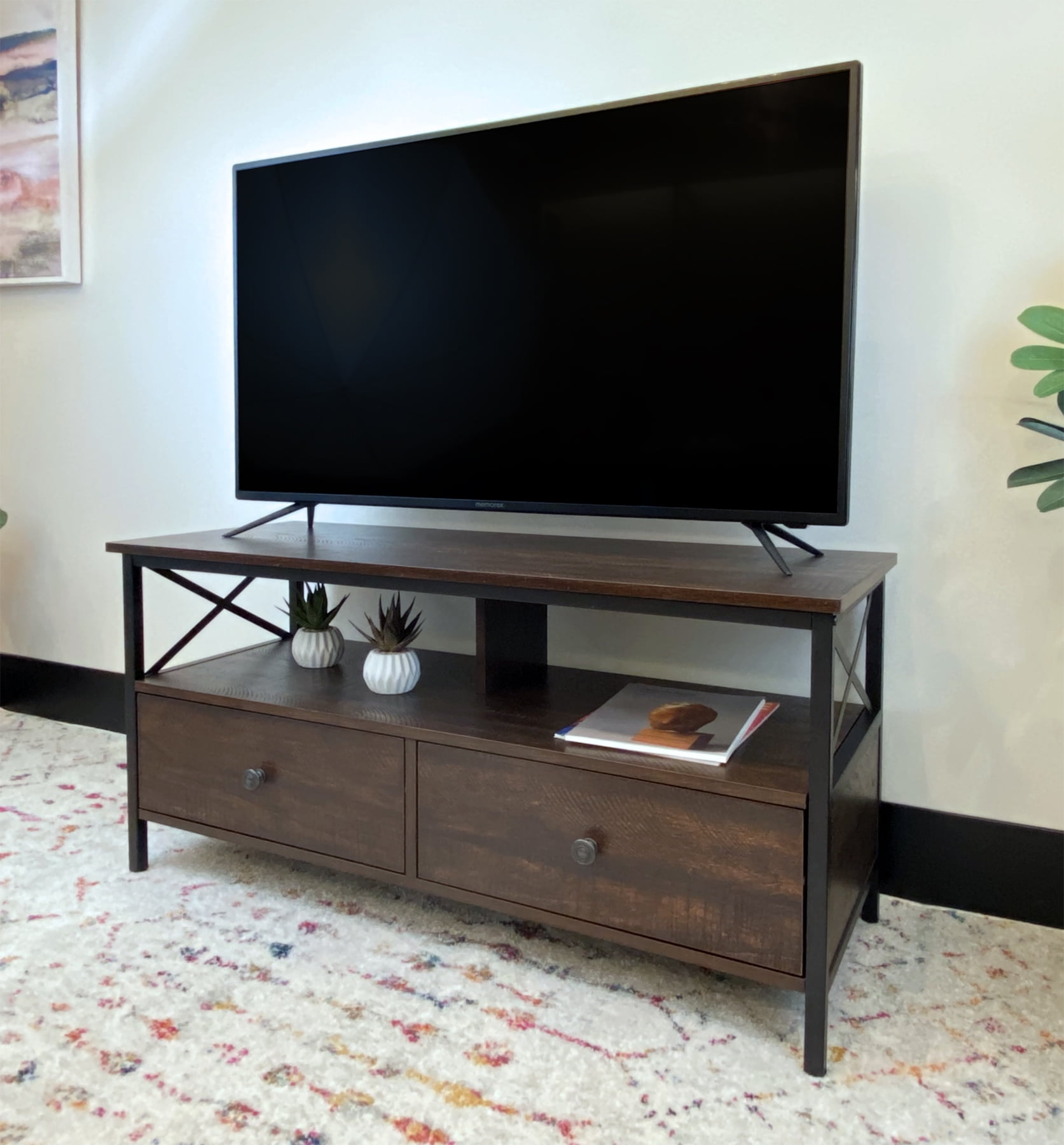 DecorTech Industrial Metal and Wood TV Stand for TVs up to 50", Walnut