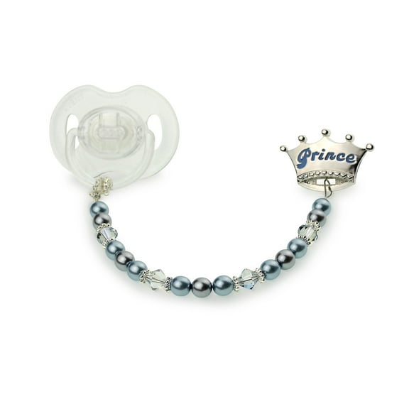 Crown with Swarovski Pearls and Crystals, Sterling Silver Daisy Spacers Pacifier Clip