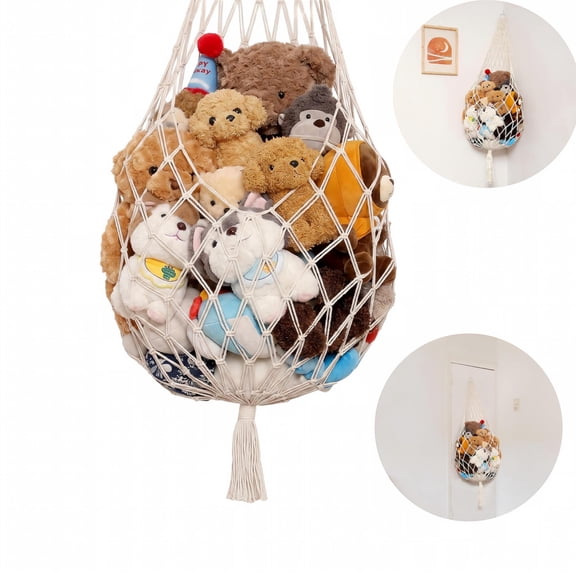 Cream Novel Stuffed Animal Hammock, Corner Hanging Net for Stuffed Animal Storage, Macrame Toy Display Plush Toy Holder for Tiny Space Walls