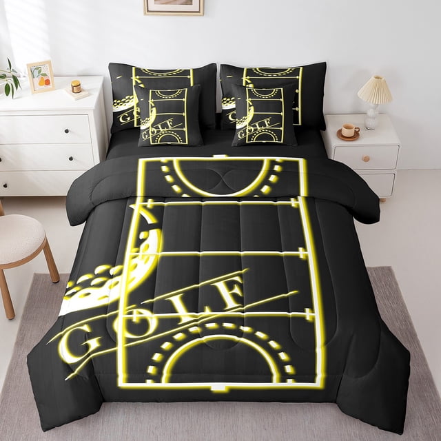 YST Sports Comforter Set, 7-Piece, Queen Size, Black Yellow, Sports Theme