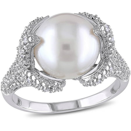 Miabella 10-10.5mm White Round Freshwater Cultured Pearl and Diamond-Accent Sterling Silver Cocktail Ring, Size 7