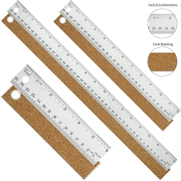 WuPing 3 Pcs Metal Ruler Set [6 12 18 Inch] – Imperial and Metric Stainless Steel Rulers with Cork Backing, Non-Slip Measuring Tools