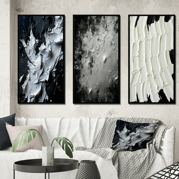 Designart "Momentary Spirit Abstract in Black and White" Abstract Painting Framed Wall Art Set Of 3 - Black Modern Frame Gallery Wall Set For Home Decor
