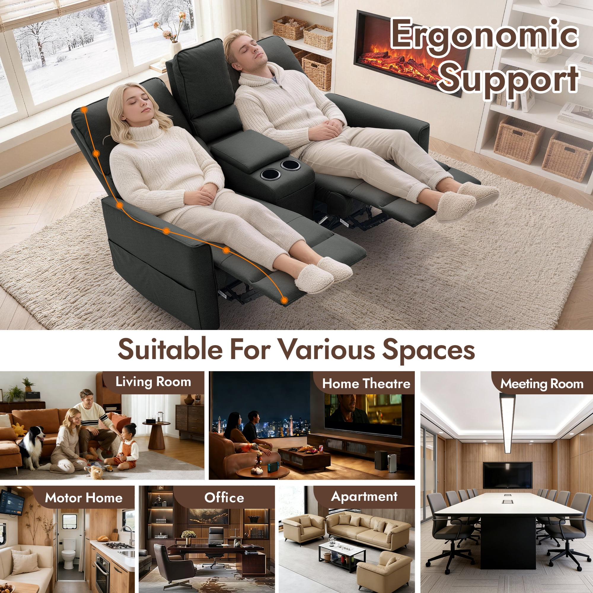 Korser 2-Seater Recliner Sofa with Pillow,Double Recliner Loveseat with Storage Console, Side Pockets, Cup Holders Manual Recliner Sofa for Living Room,Black