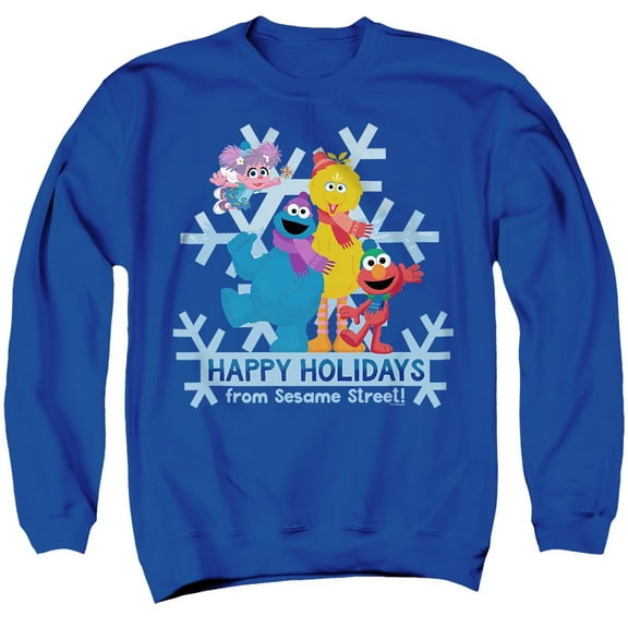 Sesame Street Happy Holidays Elmo, Cookie Monster, Abby Unisex Adult Crewneck Sweatshirt, Royal, Medium