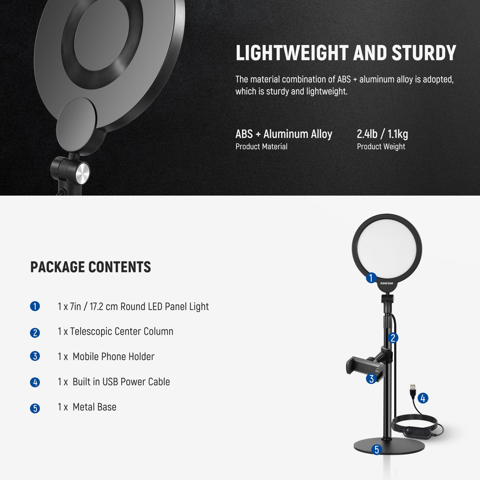 Neewer R06 7" Desk LED Ring Light With Stand & Phone Holder, 10W Dimmable Key Light For Video Recording, Live Streaming & Vlogs