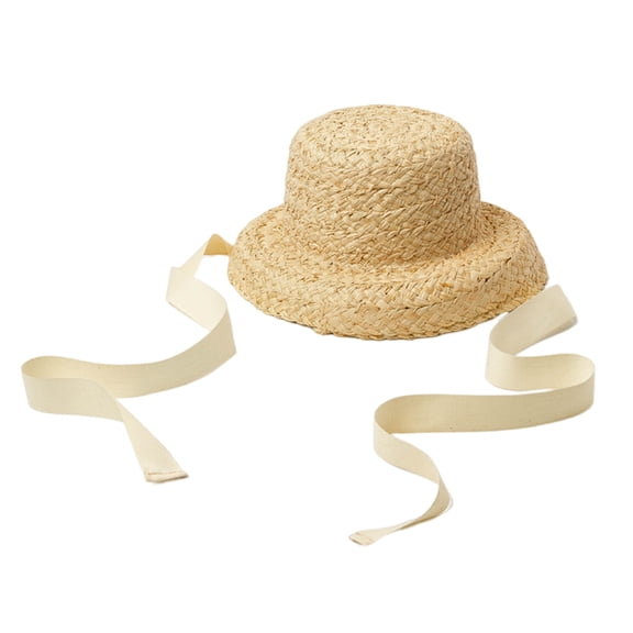 Handwoven Straw Hat for Kids Girls Sun-shade Bucket Hat Wide Brim Flat Top Hat Lace-Up Beach Cap Photo Props Hat