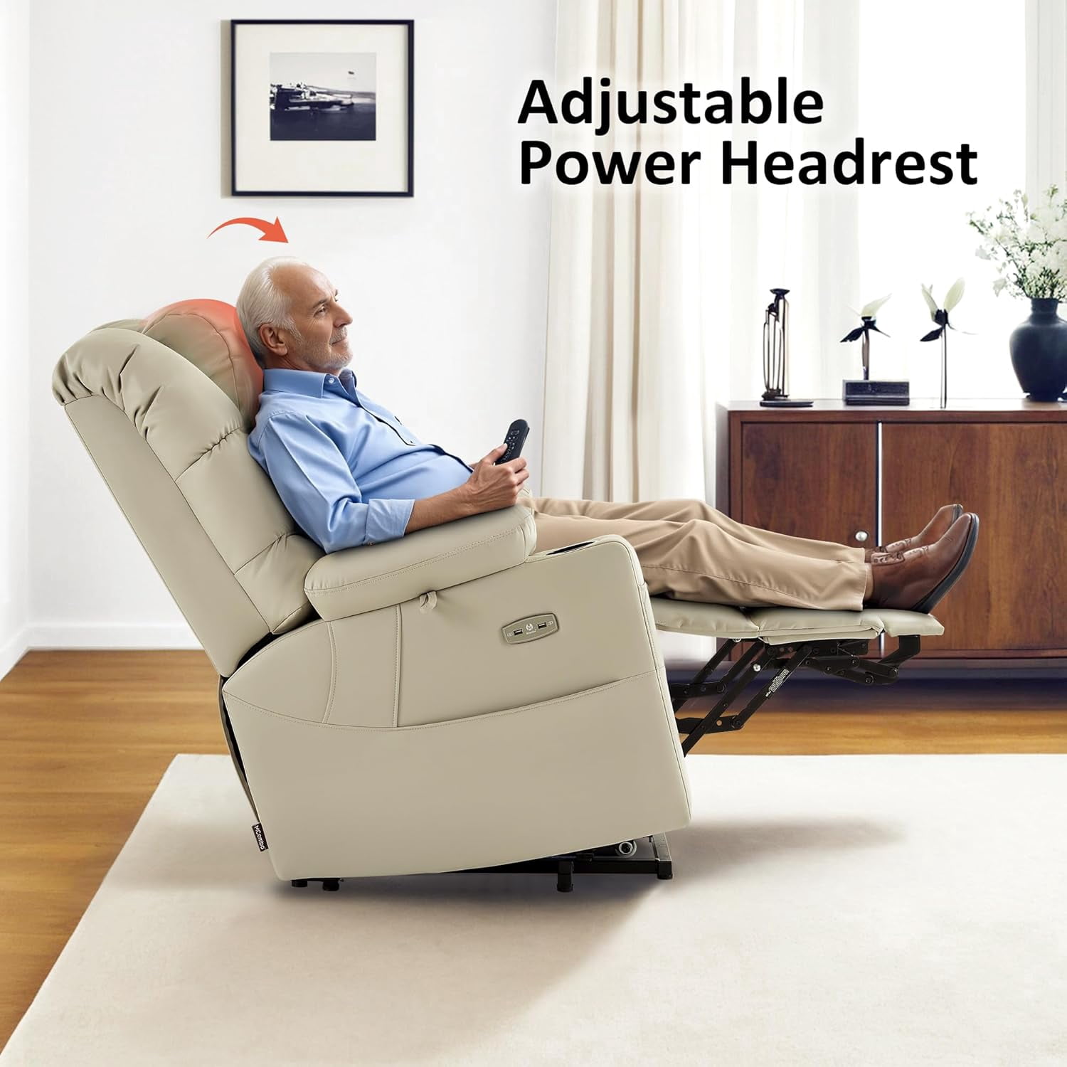 MCombo Oversized Triple Motor Power Lift Recliner with Adjustable Headrest for Big Tall Elderly, Faux Leather(Beige, Large-Wide)