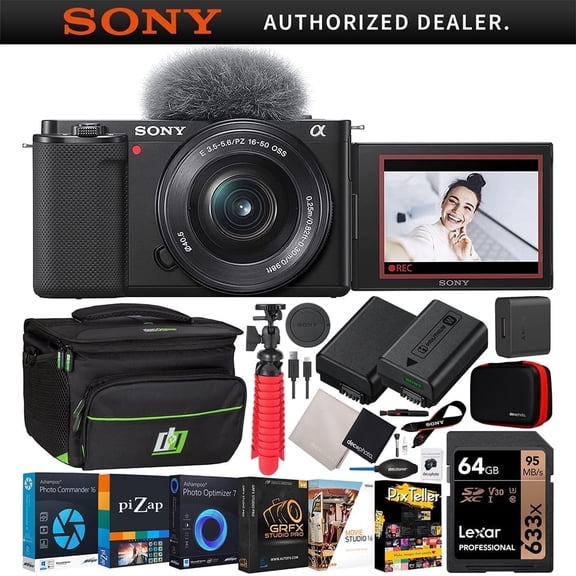Sony ZV-E10 Mirrorless Alpha APS-C Vlog Camera w/16-50mm F3.5-5.6 Zoom Lens ILCZV-E10L/B Black Bundle with Deco Gear Photography Case   Extra Battery   Photo Software Kit | Official Sony USA Partner