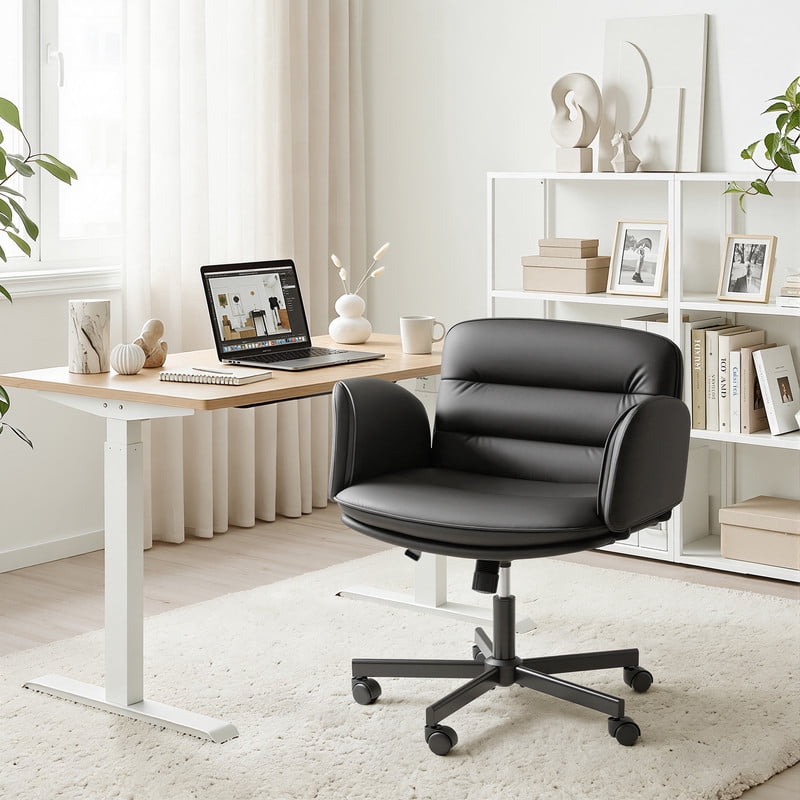 Homall Cross Legged Chair with Armrests and Wheels, PU Leather Vanity Chair, Adjustable Swivel Computer Office Chairs for Home Office, Make Up, Black