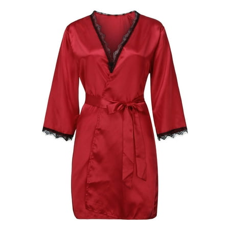 

Mackneog Sleep Dress for Women New Women Sexy Satin Fashion Lace Patchwork Pajamas Sleepwear Robe Long Sleeve Polyester Lace Thong Plus Size Panties