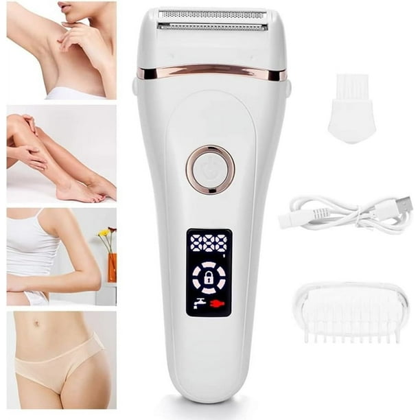 Afeitadora eléctrica para mujer, afeitadora de bikini, afeitadora eléctrica sin dolor, recargable en seco y húmedo para mujeres, afeitadora con pantalla LED para piernas, axilas (blanco)