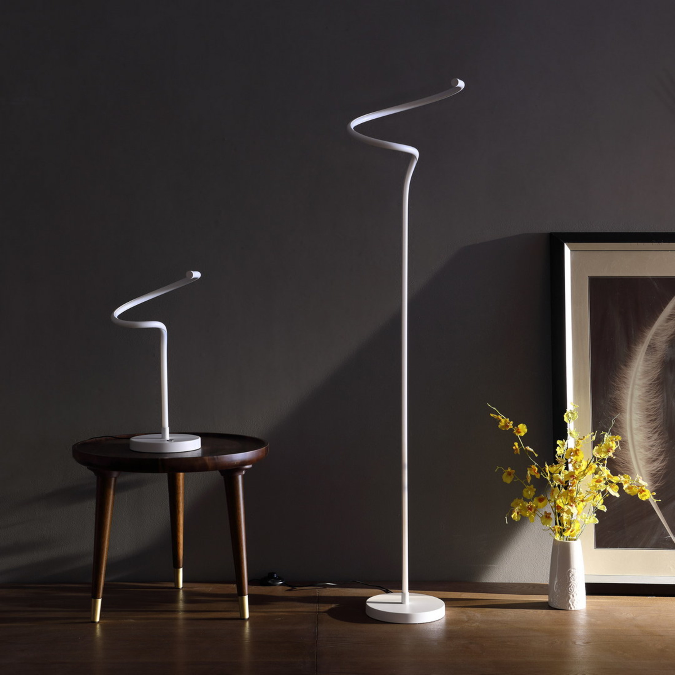 Noble House 19" LED Spiral Table Lamp, S-Curve Spiral Tube, Dimmable Button, Space Saving Design, Matte White