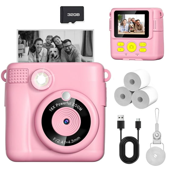 FDDAI Kids Camera Instant Print Digital Toy - 1080P Video, 2.4" Screen, Dual Lens, 16X Zoom, 2000mAh Battery, 17 Stickers & 13 Filters - Gifts for Toddlers Girls Boys Birthday Christmas