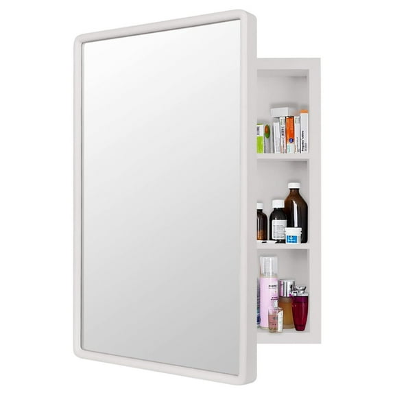 Bathroom Medicine Cabinet with Mirror, Solid Wood Framed, Wall Mounted/Recessed, Storage, 16x24 inch (White) Large