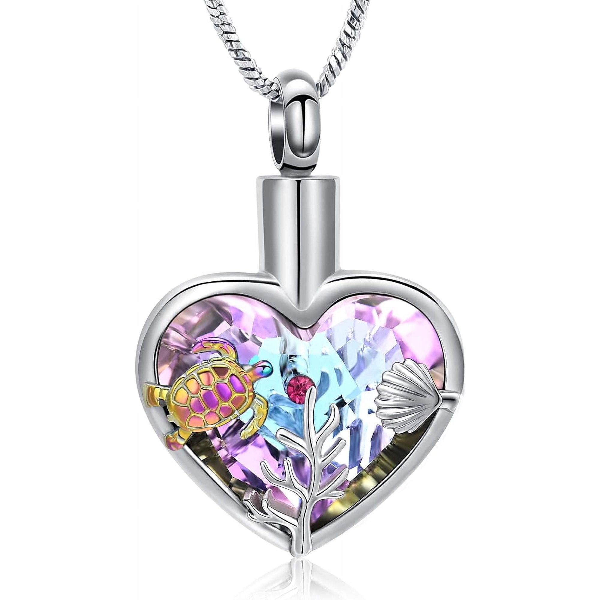 Sea Turtle Urn Necklaces for Ashes for Women Men Stainless Steel Crystal Heart Urn Locket Pendant Keepsake Memorial Cremation Jewelry