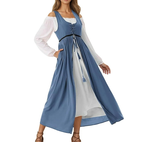 FEIFLY Gothic Style Women Long Sleeve Dress Historical Reenactment Solid Color Festival Clothing