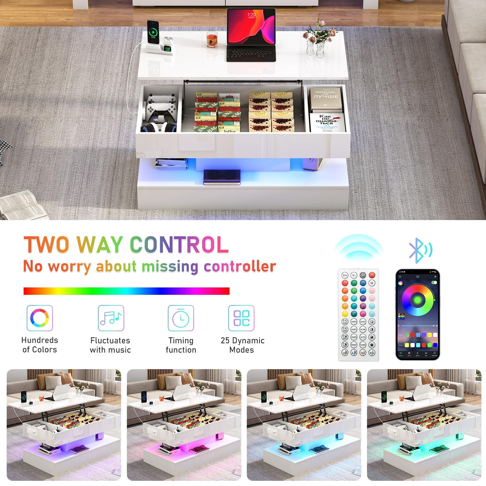 ChVans 39.4" Large Lift Top Coffee Table with Charging Station & LED Lights, Black High Glossy LED Coffee Table with Hidden Compartment Storage, Modern Living Room Tables