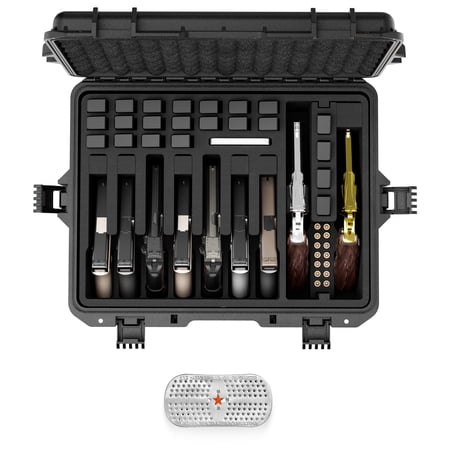 Kinghardcase Lockable Hard Handgun Case for 9 Pistols and 22 Magazines Adjustable Foam Dual Padlock Points Pressure Valve Black