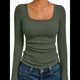 thumbnail image 3 of Camisas de Larga para Mujer, Blusas de Cuello Cuadrado, Blusas Básicas de Punto Acanalado, Conjuntos de Otoño, Ropa de Moda Verde M, 3 of 8