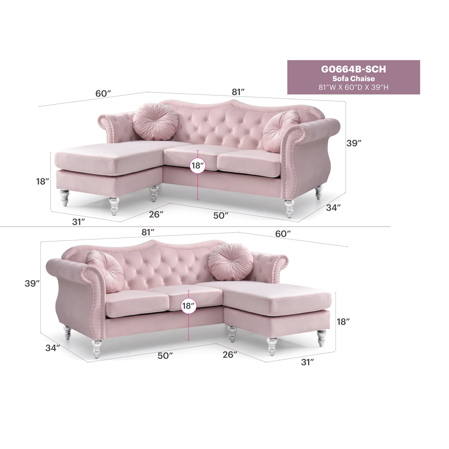 Glory Furniture Hollywood Velvet Sofa Chaise in Pink