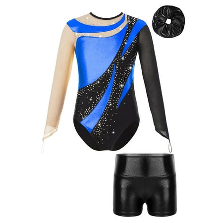 Alvivi Kids Girls 3Pcs Gymnastic Outfits Ballet Dance Leotard Long Sleeve Bodysuit with Booty Shorts Royal Blue&Black 10