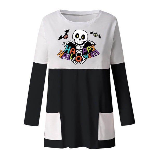 Blusa suelta informal de manga larga con cuello redondo y bolsillo para mujer, Tops estampados de Halloween Pompotops hdfakjf4623