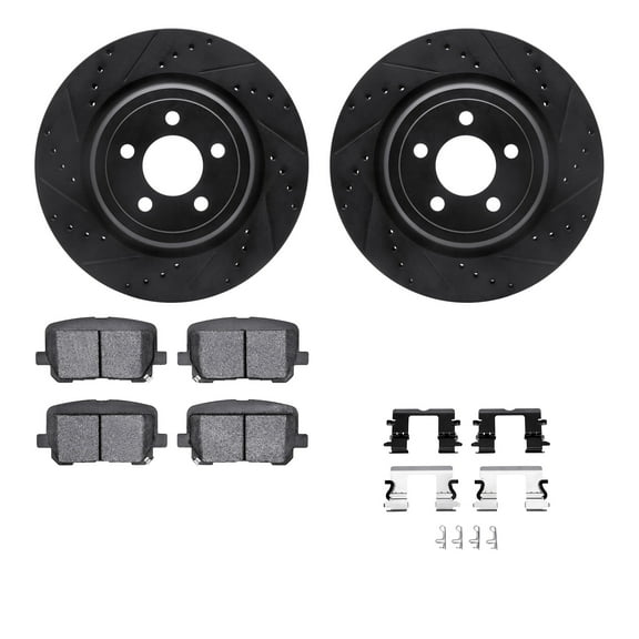 Dynamic Friction Company Rear Brake Rotors-Drilled and Slotted-Black with 5000 Advanced Brake Pads includes Hardware 8512-39014