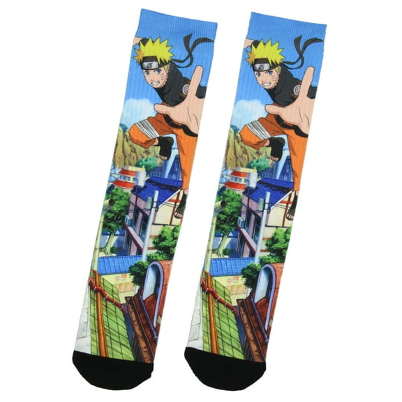 Naruto: Shippuden Men's Jumping Naruto Hidden Leaf Village Buildings Crew Socks (8-12)