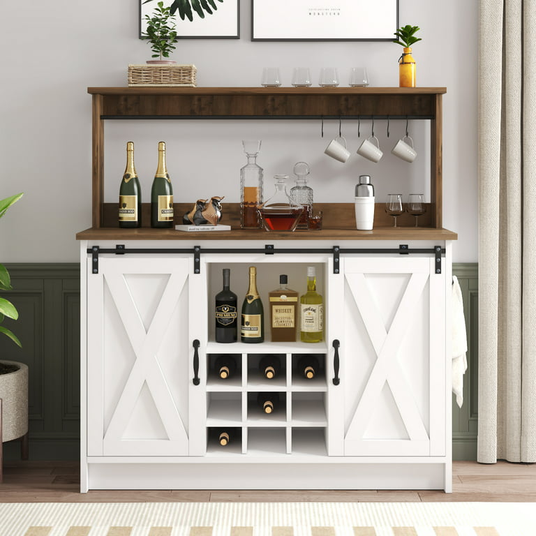 Farmhouse Coffee Bar Cabinet, 47'' Bar Cabinet with Sliding Barn Door,  Buffet Cabinet Wine Bar Cabinet with Open Shelf, Farmhouse White