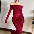 thumbnail image 3 of Katigan Women'S Mesh Off Shoulder Dress Elegant Sheer See Through Long Sleeve Ruched Bodycon Maxi Dresses Wine Red XL, 3 of 7