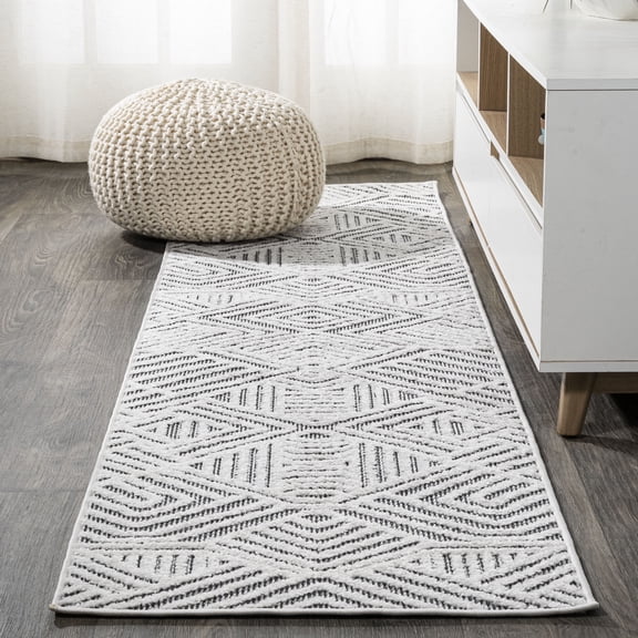 JONATHAN Y SOUTH BEACH 2 x 10 Runner Rug, Jordan Pile Art Deco Geometric - White/Black, SBH103A-210