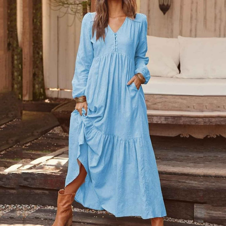 adviicd Dress With Built In Shapewear Womens Casual Floral Deep V Neck Long  Sleeve Long Evening Dress Party Maxi Wedding Dresses Light Blue M 